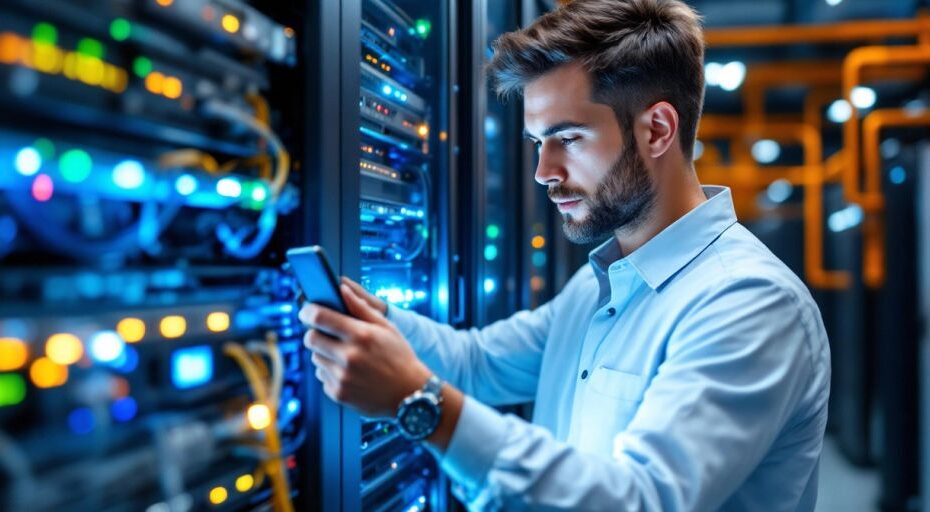 Network technician working with cellular network equipment.